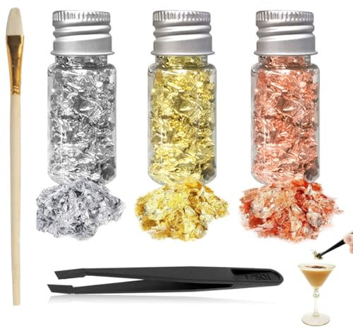 JAWUZ 3PCS Essbare Blattgoldblätter,Tortendeko Essbar,Blattgold Essbar,Blattgold Flocken,Goldfolie Flocken,Blattgold Essbar Für Torten,Essbare Tortendeko,Blattgold Zum Backen mit Pinzetten und Bürsten