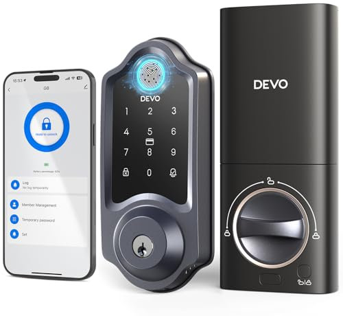 Devo Cerradura inteligente G8, cerradura de puerta de huellas dactilares con código, cerradura de puerta de entrada sin llave 6 en 1, cerraduras inteligentes para puerta delantera, cerrojo WiFi