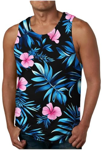 Hawaiian Shirts Mens Sale Clearance, Floral Graphic Tank Tops Summer Vacation Shirts Tropical Palm Tree Print T Shirt Crew Neck Loose Muscle Gym Vest Sleeveless Beach Tee Plus Size S-XXL