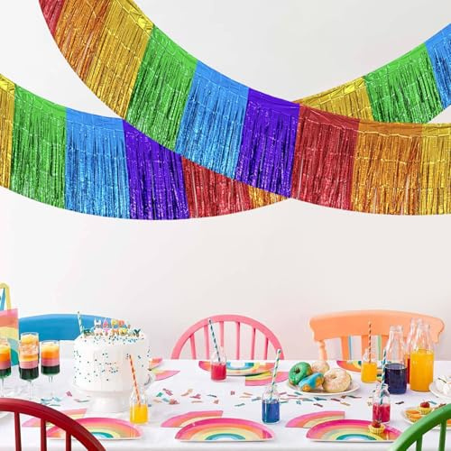 2er-Pack Regenbogen Metallic-Folien-Fransengirlanden, 40 x 300 cm, Bunte Hängende Lametta-Streamer Banner für Geburtstag, Hochzeit, Pride Month, Abschlussfeier, Karnevalsparaden und Festwagen-Dekorati