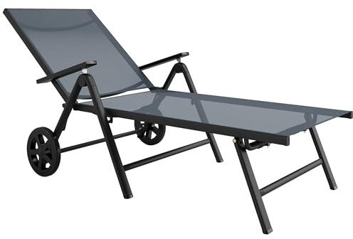 Outsunny Tumbona Plegable con Ruedas y 5 Niveles de Respaldo Ajustable, Tumbona de Jardín con Asiento de Textileno Transpirable 550g/m², para Playa, Piscina de Jardín, 72x158x84cm, Gris