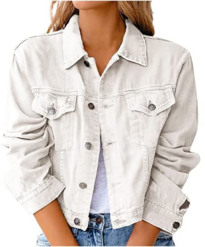 Mrat Denim Jacket for Women Ladies Vintage Short Jean Jackets Cropped Button Down Jacket Y2K Aesthetic Top Casual Slim Fit Streetwear Lightweight Stretchy Trucker Jackets Solid Color Pockets Coat