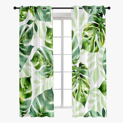 Hiseng Voile Vorhänge mit Ösen Durchsichtig Halbtransparent Ösenvorhang für Fenster Wohnzimmer Schlafzimmer Transparent Gardine 2er Set -3D Tropische Blätter Druck (grün,107x244cm)