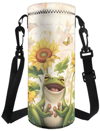 COEQINE Sunflower Frog Water Bottle Carrier Bag for Kids School Water Bottle Carrier Bike Bag with Shoulder Strap Lightweight Hiking Travel Outdoor Drink Sling Bag Birthday Gifts