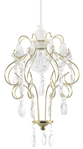 Traditional Polished Gold Shabby Chic Chandelier Style Pendant Ceiling Lamp Shade with Acrylic Beads and Droplets | 31cm x 24cm by Happy Homewares