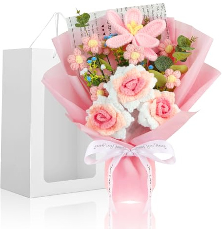 Foyucool Bouquet di Fiori all'Uncinetto, Mazzo di Fiori Fatto a Mano con Confezione Regalo, Decorazione per la Casa, Regalo per Donna, Ideale per Compleanni, Natale e San Valentino, Rosa