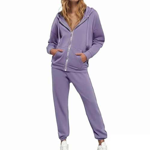 Donna Tuta Set Sportivo Felpa Cappuccio Casual Pantaloni Yoga Felpa Sportiva 2 Pezzi Tuta Manica Lunga Abbigliamento Casa Coulisse E Tasche Jogging Set per Running (Purple-2, XL)