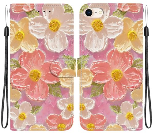 Draamvol for iPhone 8/7 / SE 2022/ SE 2020 Case, Wallet Shockproof Flip PU Leather Shell with Card Holder Kickstand Magnetic Closure Soft TPU Bumper Protective Phone Cover, Pink Flower
