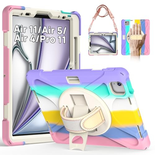 Gerutek for iPad Air 11 inch Case M4/M3/M2 (2026/2025/2024), Pink | Shockproof Rugged iPad Air 5th/Air 4th/Pro 11 Case, with 360 Rotating Stand, Hand/Shoulder Strap,Pen Holder for iPad Air 11