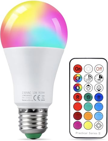 Generico Lampadina LED RGB 10W con Telecomando, 16 Colori, Modalità Flash Strobe Fade Smooth, Regolazione Luminosità, Attacco E27