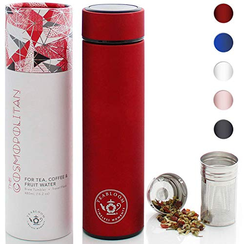 Teabloom All-Purpose Beverage Tumbler / 480 ml/Brushed Metal Insulated Water Bottle/Tea Tumbler/Travel Bottle/Cold Brew Coffee Mug/Extra-Fine Two-Way Infuser/Ruby Red
