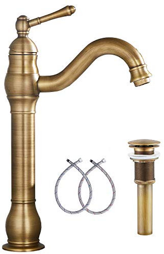 GGStudy Robinet d'évier pivotant à 360 ° en laiton antique pour salle de bains avec poignée unique un trou assorti avec drain pop-up