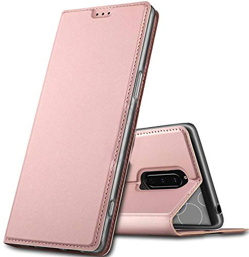 Verco Handyhülle für Xperia 1, Premium Handy Flip Cover für Sony Xperia 1 Hülle [integr. Magnet] Book Case PU Leder Tasche, Rosegold