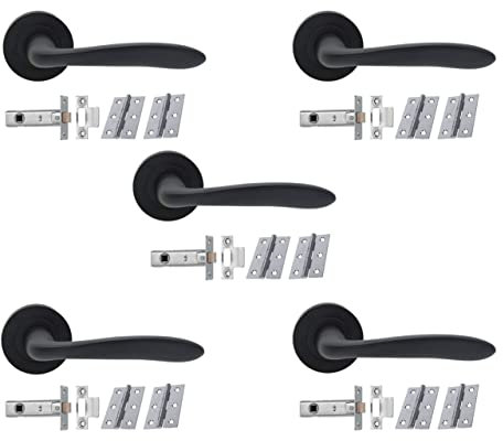 Infinity Decor 5 Pack of Mars Lever on Rose Door Handles in Matt Black- Latch & Hinges Set