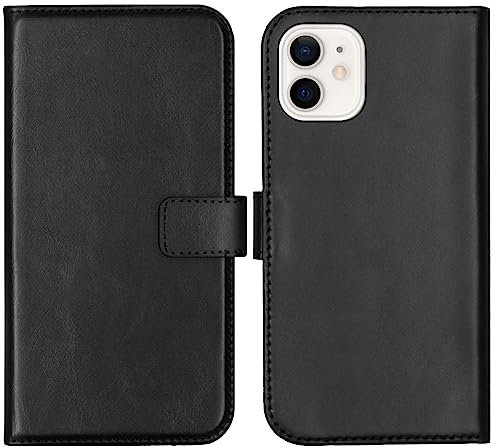 SELENCIA Bookcase Hülle kompatibel mit iPhone 12 Mini – Era Leder Handytasche Side Flip Case – Handyhülle aus Rindsleder in Schwarz [3 Kartenfächer, Magnetverschluss]