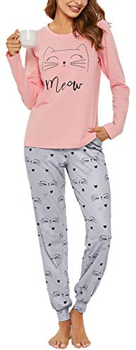 Sykooria Pyjama Femme Hiver Pyjama Femme Coton Vêtements de Nuit Femme à Manches Longues Col Rond Ensemble de Pyjama 2 Pièces Doux et Confortable Rose foncé M