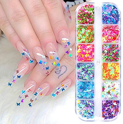 CHANGAR Butterfly Nail Art Glitter Sequins, 3D Laser Butterfly Nail Decals Sticker Holographic Nail Sparkle Glitter for Manicure Make Up DIY Decals Decoration