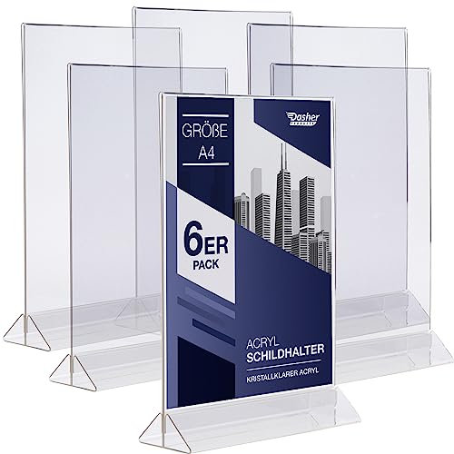 Acryl-Schilderhalter A4, 6 Stück, T-förmiger Menühalter mit einfachem Design von unten, doppelseitig, Kunststoff-Schilderhalter für Flyer, Menüs, Werbeaktionen, Fotos, Displays und mehr (A4 - 6 Stück)