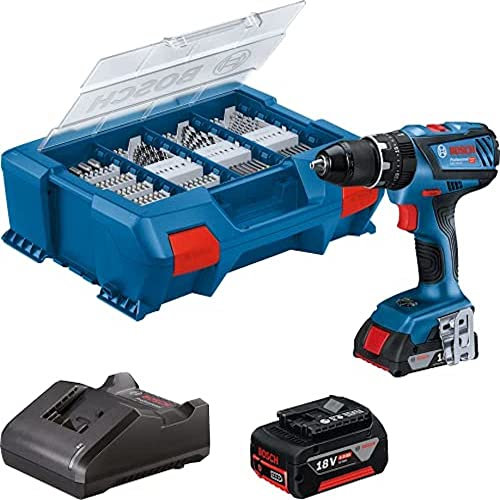 Bosch Professional 18V System Cordless Combi Drill GSB 18V-28 (incl. 2x2.0Ah rech. battery, charger GAL 18V-20, Pick and Click L-Carrying Case w. 100-pce accessory set) – Amazon Exclusive Set