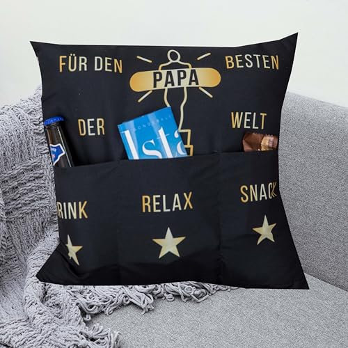 KAMACA Originelles Dekokissen Kissen mit 3 Taschen zum selber Befüllen Größe 43x43 cm tolles Geschenk Geburtstag Vatertag (Bester Papa)