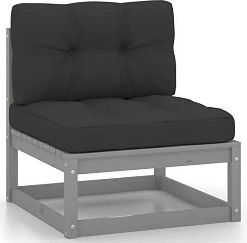 Gecheer Garten Mittelsofa mit Anthrazit Kissen Sofa Lounge Gartensofa Einzelsofa Gartenmöbel Loungesessel Gartensessel Grau Kiefer Massivholz