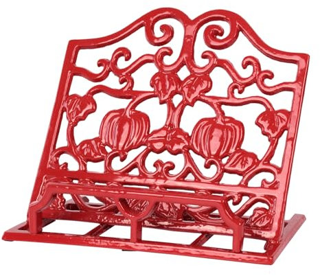 MINLUFUL Vintage Cookbook Stand, Robust Wrought Cast Iron Recipe Book Holder for Kitchen Counter, Large Metal Cook Book Stand with Pumpkin Design, Red