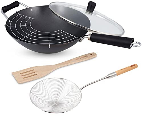 Ken Hom Wok 31 cm Induktion 5-tlg. aus Karbonstahl mit Gegengriff & Glasdeckel - Antihaft Wokpfanne für verschiedene Herdarten - inkl. Edelstahl Schaumlöffel & Wender