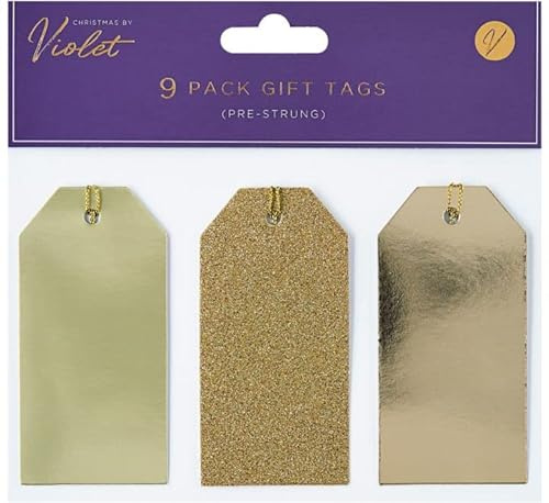 Violet Luxury Christmas Tags - Pre-Strung, Modern - Pack of 9 (Gold)