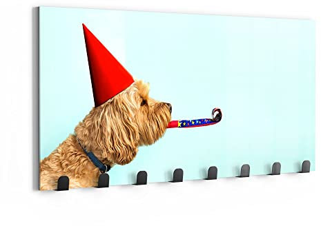 DEQORI Wandgarderobe Glas & Metall | Motiv Hund mit Partyaccessoires | 60x30 cm | Design Haken-Leiste modern | Garderoben-Paneel für Flur, Wohnzimmer & Schlafzimmer | magnetisch & beschreibbar