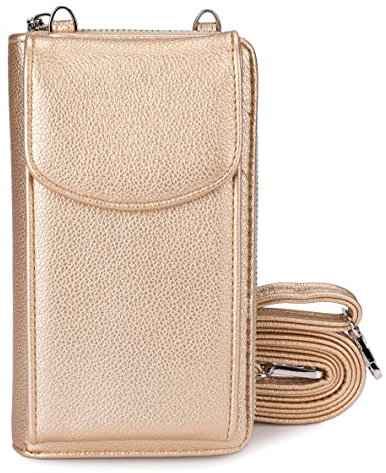 irisaa Petit sac à bandoulière pour téléphone portable - Portefeuille pour femme - Protection RFID - Pour téléphone portable - Avec fentes pour cartes et bandoulière réglable, Or souple, Taille unique