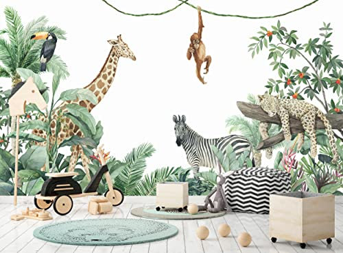 Papier peint photo Safari Animaux de la jungle pour chambre d'enfant - Décoration murale - L 366 cm x H 254 cm - Décoration en papier - Girafe
