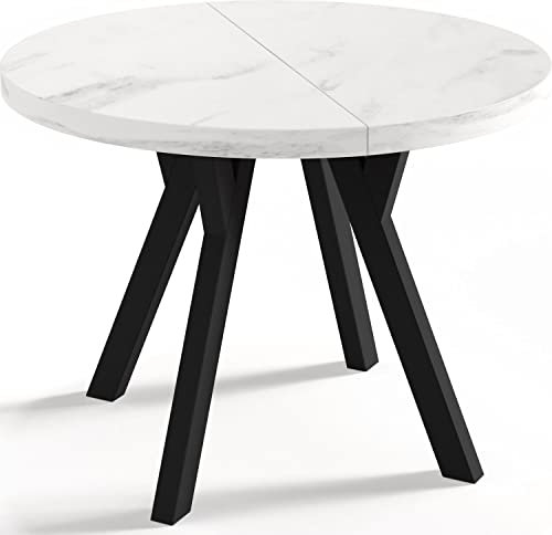 Designer Runder Ausziehbarer Esstisch in Weißer Marmoroptik - Loft-Stil, Industriell, Platzsparend - Schwarze Beine - 100 bis 200 cm - für 5-10 Personen - Hergestellt in EU - Marmor Weiß - 200 cm