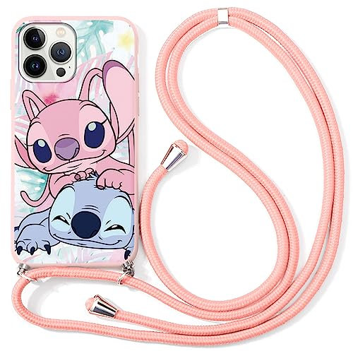 nurkorki Handykette Handyhülle für iPhone 12/12 Pro - 6,1 Hülle mit Band, Schön Stitch Necklace Hülle mit Kordel zum Umhängen Silikon Weich TPU Schutzhülle für iPhone 12 Pro, Cute1