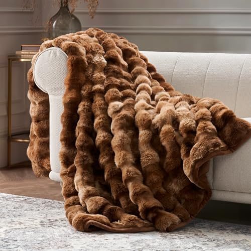 EverGrace Ultraweiche, luxuriöse, flauschige Überwurfdecke aus Kaninchenfell, dick, warm, Blasen-Überwurf für Bett, gemütliche Plüsch-Wendedecken für Couch, Stuhl, Sofa, Löwenkaramell, 127 x 152 cm
