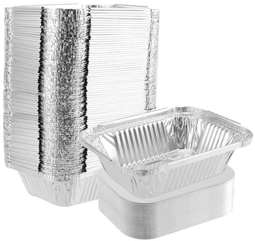 PUCSIQ Lot de 100 Barquettes en Aluminium Jetables avec Couvercle, 13 x 10 x 4,2 cm, 260 ml, Pour barbecue, gâteaux, fruits et légumes