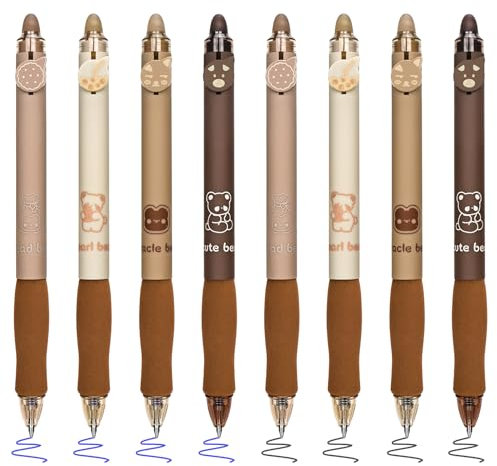 BAYTORY Lot de 8 Jolis Stylos à Encre Gel Rétractables Effaçables, Bleu et Noir avec Gomme Transparente, Sans Bavure, Pointe Fine, Écriture Lisse, Pour Prendre Des Notes (Café)