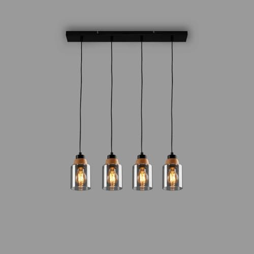 BRILONER - Lámpara Colgante de 4 Luces, Cristal Ahumado, Lámpara de Techo, Lámpara de Salón, Pantalla de Cristal Ahumado, Lámpara Colgante, Lámpara de Araña, Lámpara de Dormitorio, Madera Negra