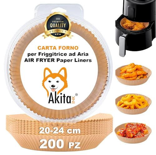 Akitaink Carta forno per friggitrice ad aria 200 pezzi Food-Grade BPA Free 20x24x4,5 cm Carta Air Fryer Rotonda - Ideale per una cottura sana 200 Pezzi - Facilità di Pulizia e Cottura Perfetta