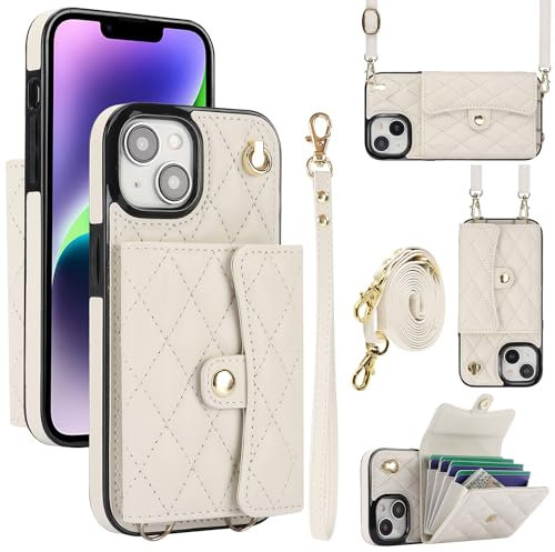 XIZYO für iPhone 15 Leder Crossbody Brieftasche Handyhülle mit 2 Verstellbarem Abnehmbarem Lanyard-Riemen, Frauen Niedlich Luxus Geldbörse Ständer Handyhülle mit Kartenhalter, Weiß