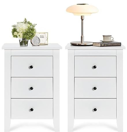 GOPLUS Nachttisch 2er Set, Nachtschrank mit 3 Schubladen, Moderne Nachtkommode aus Holz mit Griff, Beistelltisch Schubladenschrank für Boxspringbett, Schlafzimmer & Wohnzimmer, 46×37×65cm, Weiß