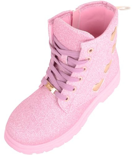 ABSOLUTE FOOTWEAR Botines de tacón bajo con cordones y purpurina para niños, diseño de corazón, fucsia, 33 EU