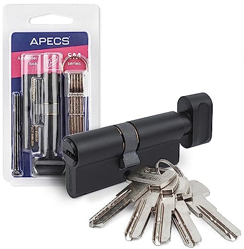 Cylindre de serrure à bouton noir APECS avec bouton - 100 (40C/60) mm, pour serrure de porte d'entrée, avec 5 clés, modèle SM-100(40C/60)-C-BLM