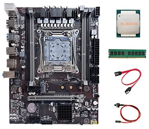 AMIUHOUN X99 Motherboard LGA2011-3 Computer-Motherboard mit E5-2650 V3 CPU + DDR4 4G 2133 MHz RAM + -Kabel + Switch-Kabel
