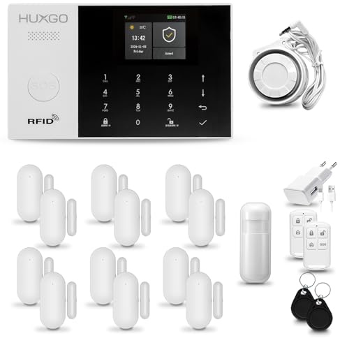HUXGO® HXA005 Funk Alarmanlage Set WiFi + GSM mit Sirene | Alarm System mit Bewegungsmelder, 12x Tür- Fenstersensor, Fernbedienung | Alarmanlage Smart Home Security | Smart Home