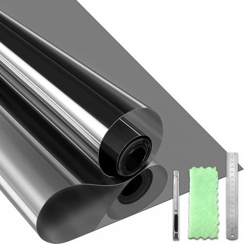Qualsen Vinilo Adhesivo Cristal Vinilo Espejo para Ventanas Privacidad Anti UV Control del Calor Película de Unidireccional Reflectante Vinilos para Cristales (Negro-Plateado,90x400cm)