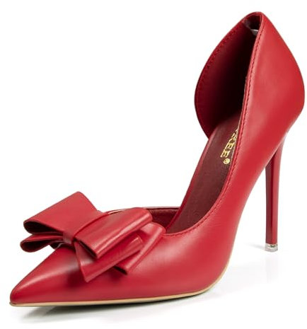 QiBusLeen Womens Closed Toe Bow Stiletto Pumps Court Shoes Slip On Lady 4.13 Inch Sexy Pointed Toe High Heels for Women Smart Work Wedding Bridal Party Dressy - 6 Red