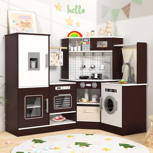 Babytronic Ensemble de cuisine d'angle en bois pour enfants avec lumières et sons, ensemble de cuisine avec cuisinière, micro-ondes, machine à glaçons et accessoires, parfait pour les tout-petits et