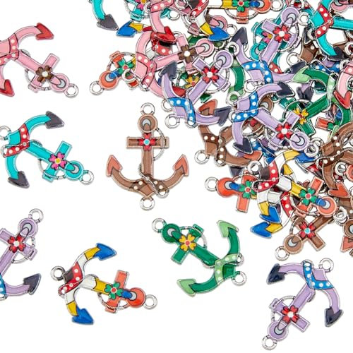 HOBBIESAY 50 Stück 6 Farbig Bedruckte Nautische Anker Charms Aus Legierung Bunte Emaille Anschlüsse Charms Links Anhänger Ozean Segeln Thema Anhänger Für DIY Halsketten Armbänder Ohrringe