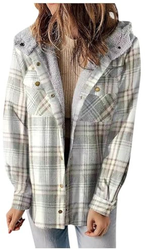 Damen Bluse Kariert Langarm, Fleecejacke Damen Kariertes Knopfleiste Kapuzenjacke - Warm Winterjacke Holzfäller Jacke Flanelljacken mit Fleece Gefüttert Shacket Jacke mit Kapuze Thermohemd Hellgrau
