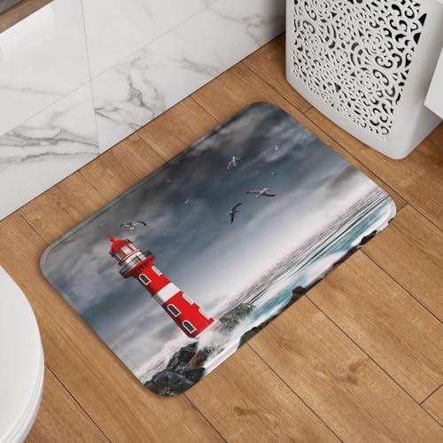 VOSERY Badteppich, 61 x 40,6 cm, rutschfest, waschbar, 3D-Leuchtturm in der Brandung, weich und saugfähig, Badematten für Badezimmer, Boden, Badewanne und Dusche
